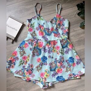 Flirty vibrant floral and baby blue babydoll romper. Size S/M